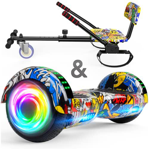 SISIGAD Hoverboard go Kart Seat, 6.5 pulgadas Hoverboard Hoverkart con luces LED y altavoz Bluetooth