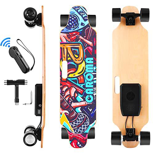 Caroma Skateboard eléctrico,90cm Longboard Eléctrico,Patinete Electrico con Control Remoto inalámbrico,25KM/H Máxima Velocidad,700W Motor Doble,Monopatin Electrico para Adolescentes y Adultos